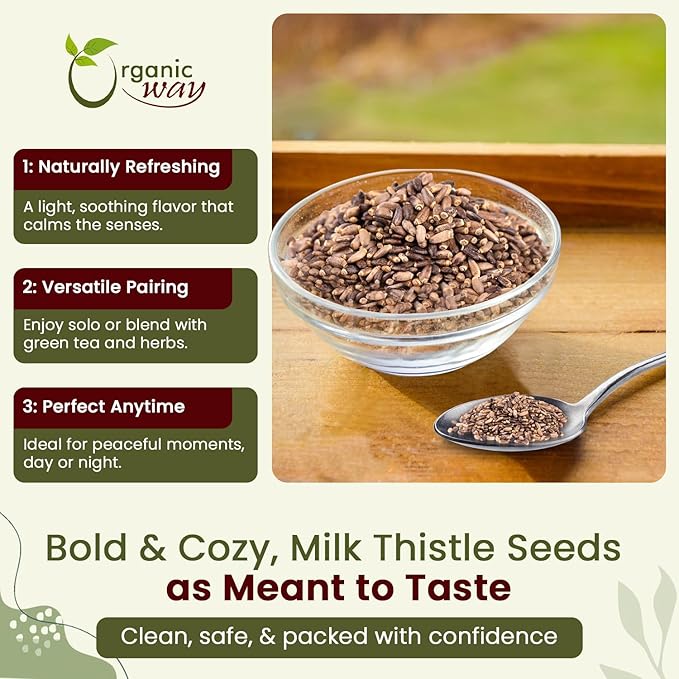 Organic Way Whole Milk Thistle Seeds (Silybum marianum) - Herbal Tea | European Wild-Harvest, Organic & Kosher Certified, Vegan, Non GMO & Gluten Free, USDA Certified, Origin - Albania (8 Oz)