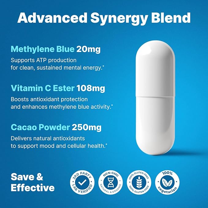 Ultimate Methylene Blue Pharmaceutical Grade 20mg (USP) Methylene Blue Capsules for Humans | Memory Supplement and Brain Booster Supplement | Focus Fuel and Memory Vitamins Energy Pills | 120 Servings