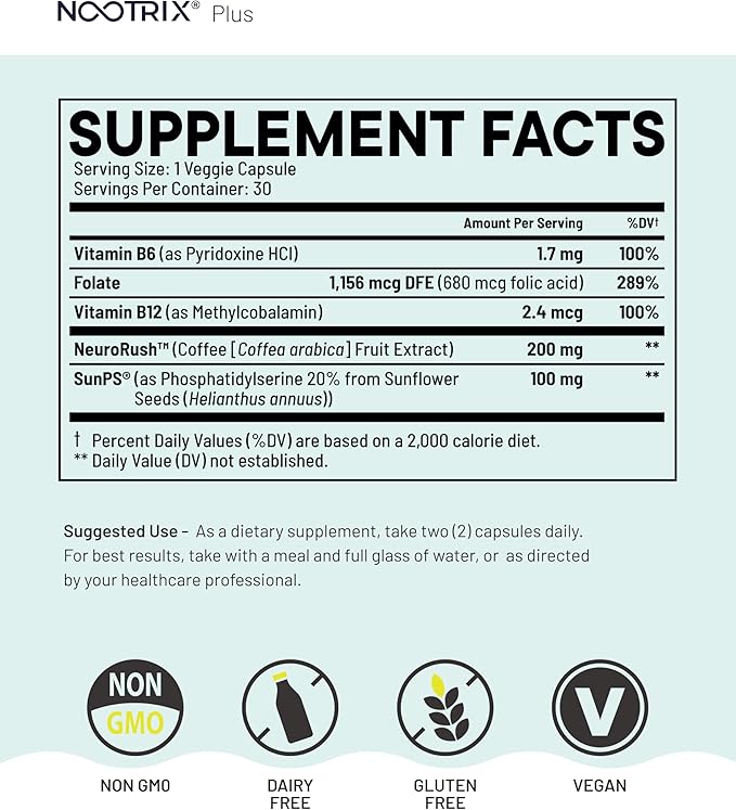Nootrix Brain Plus Nootropic Supplement | Supports Memory, Mental Focus, Cognitive Health & Energy | Promotes Healthy Mood & Brain Function | Vitamin B1, Vitamin B6 & Vitamin B12 | 30 Capsules
