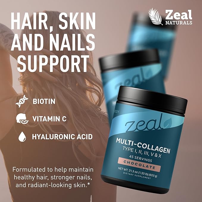 Zeal Naturals Multi Collagen Protein Peptides Powder Types I II III V X - Vitamin C, Biotin & Hyaluronic Acid - Hair, Skin & Nails - Marine, Bovine, Chicken & Eggshell - Chocolate, 45 Servings