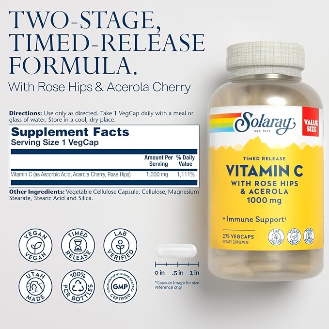 SOLARAY Vitamin C 1000mg - Time Release Vitamin C Capsules w/Rose HIPS and Acerola for Bioflavonoid Support - Two-Stage, All-Day Immune Support - Vegan, 60 Day Guarantee, 275 Servings, 275 VegCaps