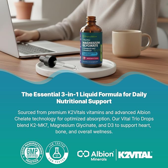 Magnesium Glycinate, Vitamin K2 & D3 Supplement – GMO-Free – VIT D MK7 K2 Vitamin Supplement & Magnesium Blend – with Nutrients for Bone Nutrition & Cardiovascular Function (Mixed Berry, 60 mL)