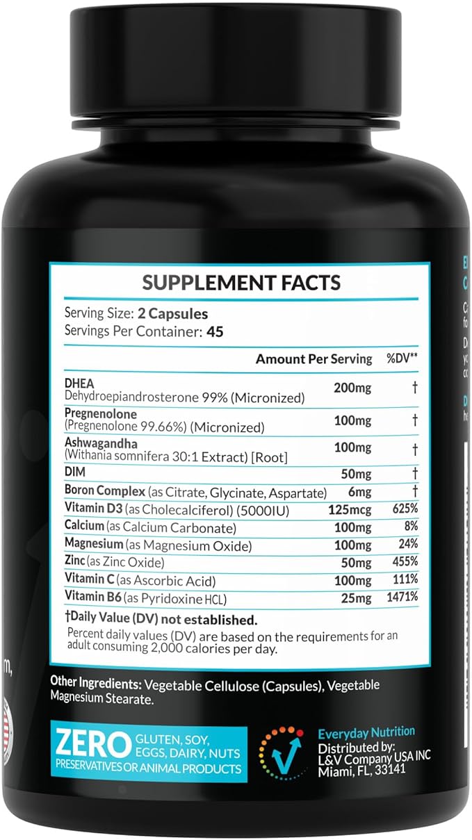 DHEA Micronized 200mg Complex with Pregnenolone 100mg Supplement for Men & Women with Ashwagandha, DIM, Magnesium, Boron, Calcium , Zinc, Vitamin D3, C and B6 Hormone Support - Made in USA 90 Capsules