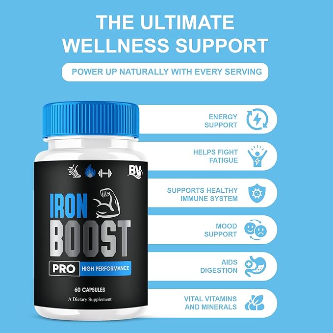 Iron Boost Pro Premium Supplement Capsules, Iron Boost Advanced Health Supplement Pills, Iron Boost Premium Daily Advanced Health Support and Overall Wellness Formula by Blue Vibe (60 Capsules)