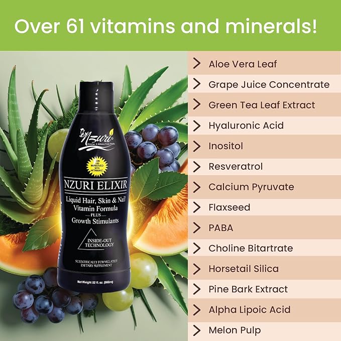 Nzuri Elixir Hair Skin and Nails Vitamins for Women and Men with Biotin, Folate, and Vitamin D for Daily Growth Supplement to Reducing Dryness, Thinning, and Loss, 32 oz.