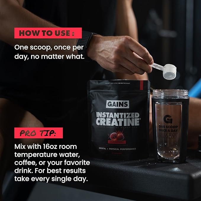 Gains in Bulk Instantized Creatine Monohydrate for Men & Women, Soluble Pre Workout Powder, Supports Muscle Building, Strength and Performance, Bodybuilding Supplements, Sour Raspberry, 30 Servings