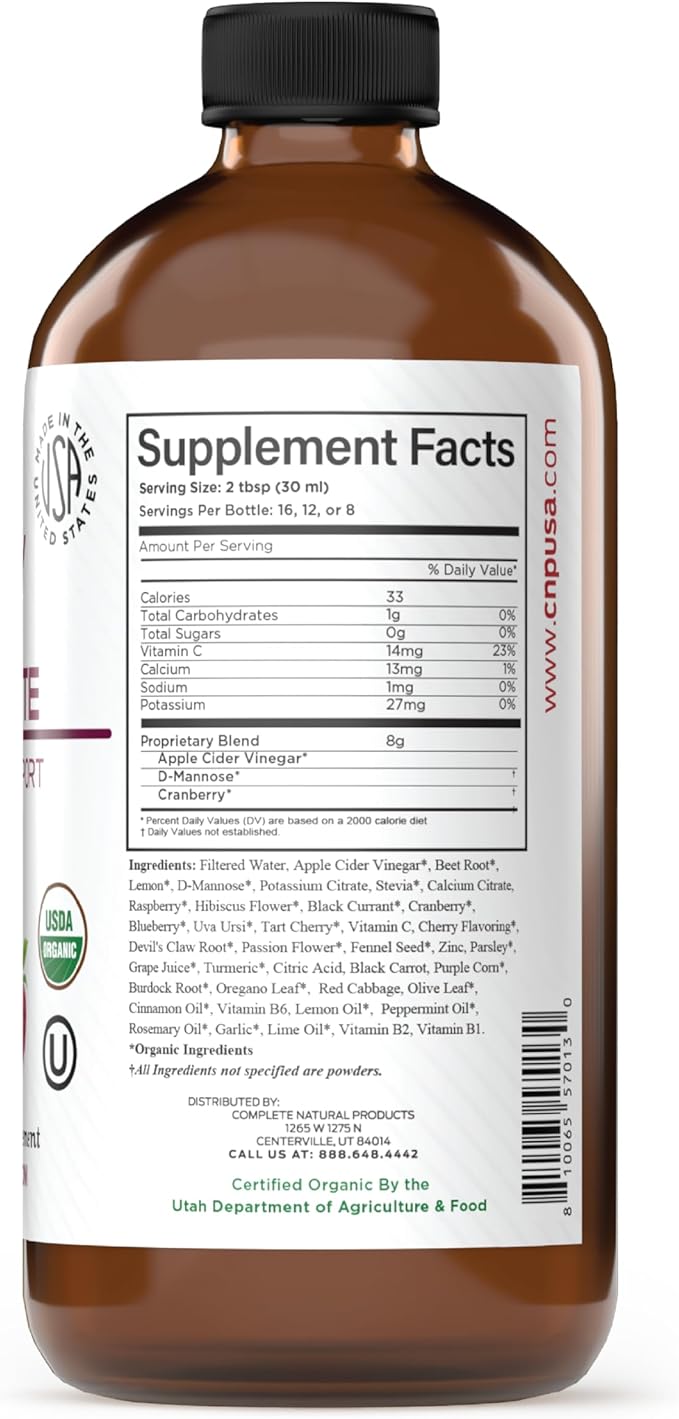 Complete Natural Products Urinary Tract Complete 16oz - Liquid Supplement for Urinary Tract Health with Organic Cranberry, D-Mannose, Beet Root, Fennel Seed, and Turmeric
