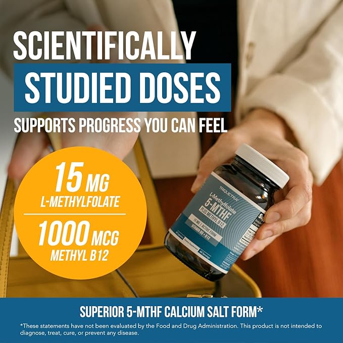 L Methyl Folate 15mg Plus Methyl B12 Cofactor – High Potency, Active 5-MTHF Form - Supports Mood, Methylation, Cognition – Bioactive Forms of Vitamin B9 & B12 (60 Capsules – 60 Servings)