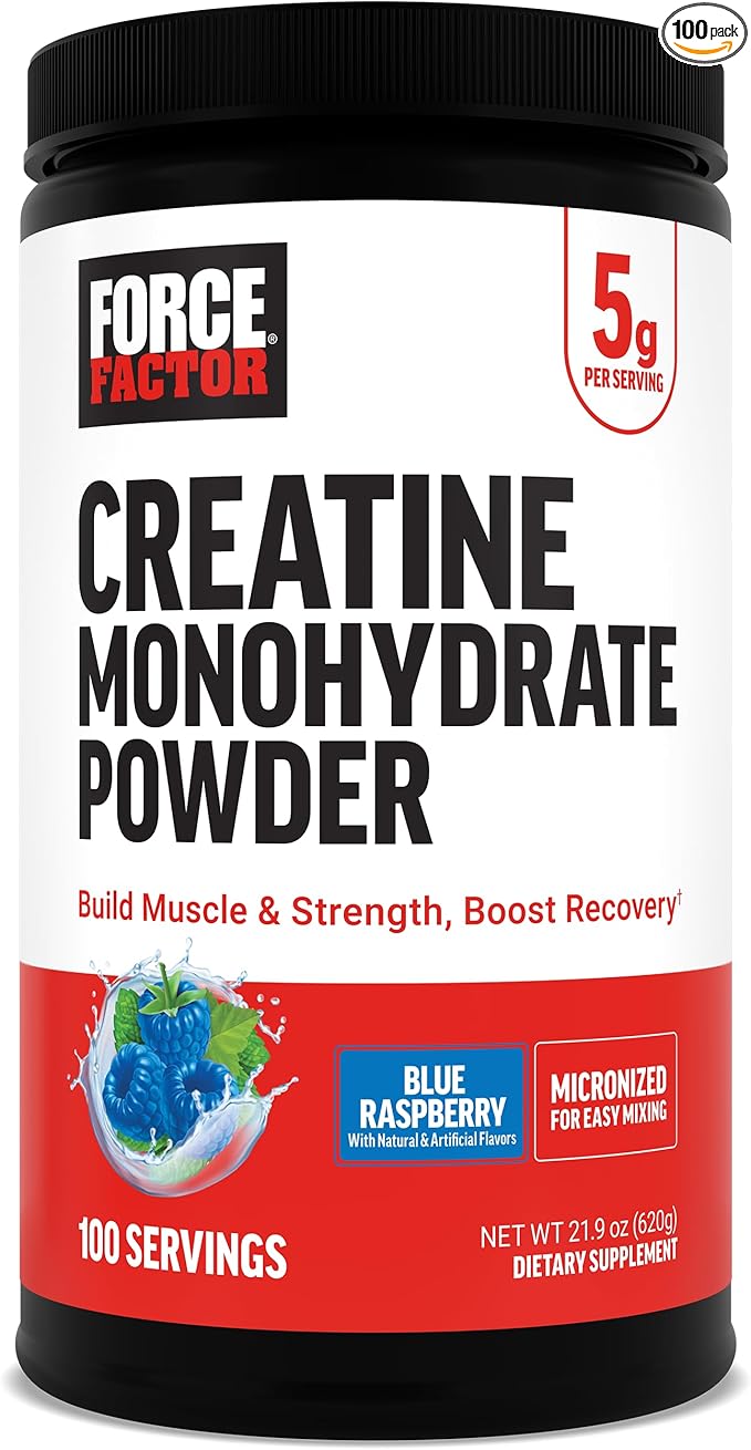 Force Factor Creatine Monohydrate Powder, 5g Micronized Dose to Support Muscle Growth, Strength, Recovery, Cognitive Health & Working Memory, Blue Raspberry, 100 Servings