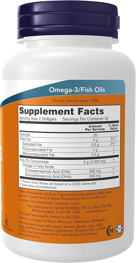 NOW Supplements, Omega-3 180 EPA / 120 DHA, Molecularly Distilled, Cardiovascular Support, 100 Softgels, (Pack of 2)