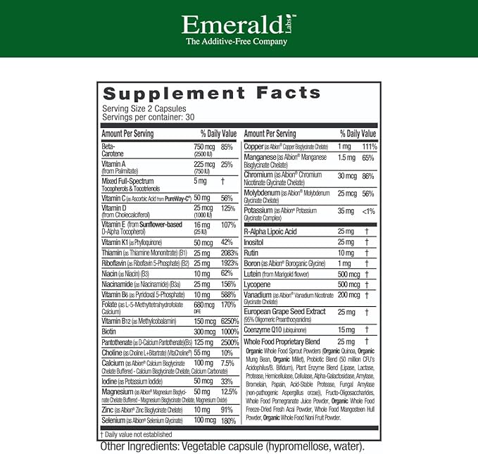 EMERALD LABS Complete Premium Multi - Multivitamin for Digestive & Immune Support with Vitamin C as PureWay-C, B Vitamin Complex, Albion Chelated Zinc & More - 60 Vegetable Capsules (30-Day Supply)