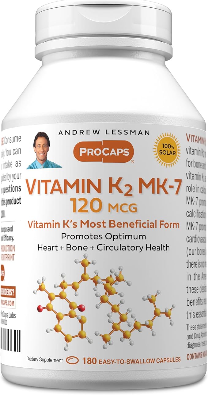 ANDREW LESSMAN Vitamin K2 MK7 120 mcg 180 Softgels - Essential for Healthy Calcium Utilization, Promotes Optimum Skeletal, Heart and Arterial Health. No Additives. Small Easy to Swallow Softgels