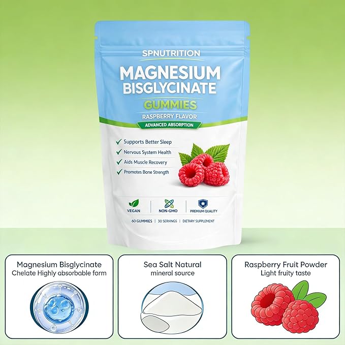 Spnutrition Magnesium Bisglycinate Gummies with 400mg Magnesium Bisglycinate Chelate,Sea Salt,Raspberry Fruit Powder,Improve Sleep,Vegan,Non-GMO,Daily Mineral Support,60 Count