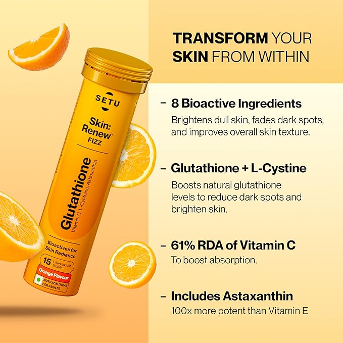 SETU Glutathione Effervescent Tablets with 500mg L-Glutathione & Vitamin C | Sugar-Free Antioxidant Supplement | Orange (Pack of 6)