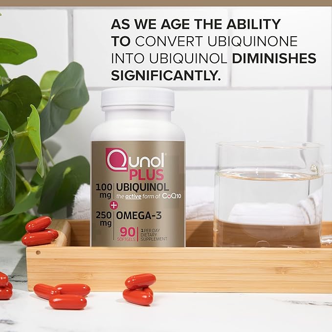 Qunol Plus Ubiquinol CoQ10 100mg with Omega 3 Fish Oil 250mg,Extra Strength Antioxidant Supplement,90 Count (Pack of 2)