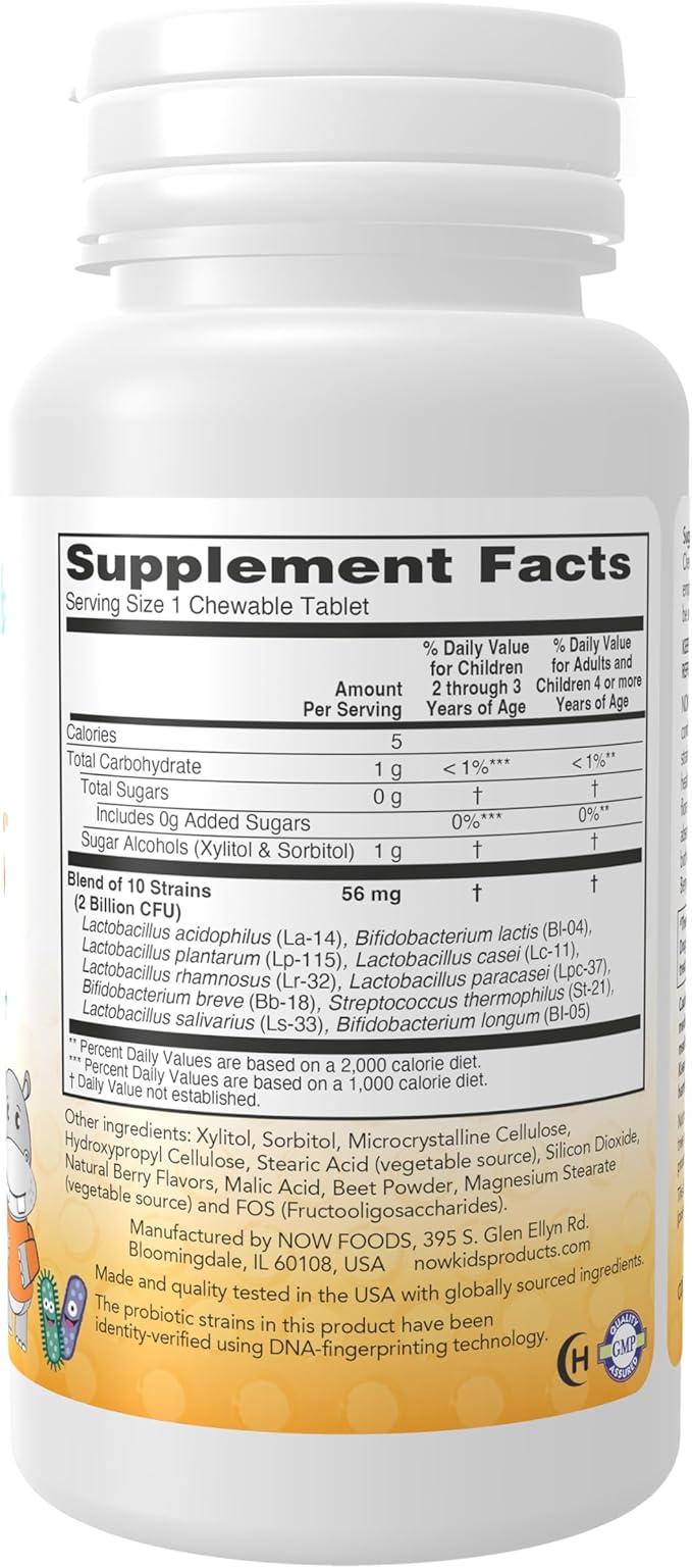 NOW Foods Supplements, BerryDophilus™ with 2 Billion, 10 Probiotic Strains, Xylitol Sweetened, Strain Verified, 60 Chewables, packaging may vary