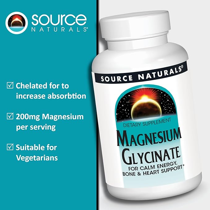 Source Naturals Magnesium Glycinate, Chelated for high Absorption | for Calm Energy, Bone & Heart Support*, 200 mg per Serving - 120 Tablets
