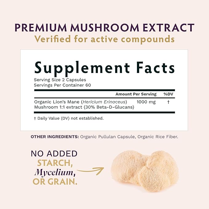 TRIBE ORGANICS Lion’s Mane Supplement 1000mg Mushroom Extract Powder - Immune System Booster & Brain Nootropic for Focus and Memory | Mental Clarity | Natural Energy and Immunity - 120 Vegan Capsules