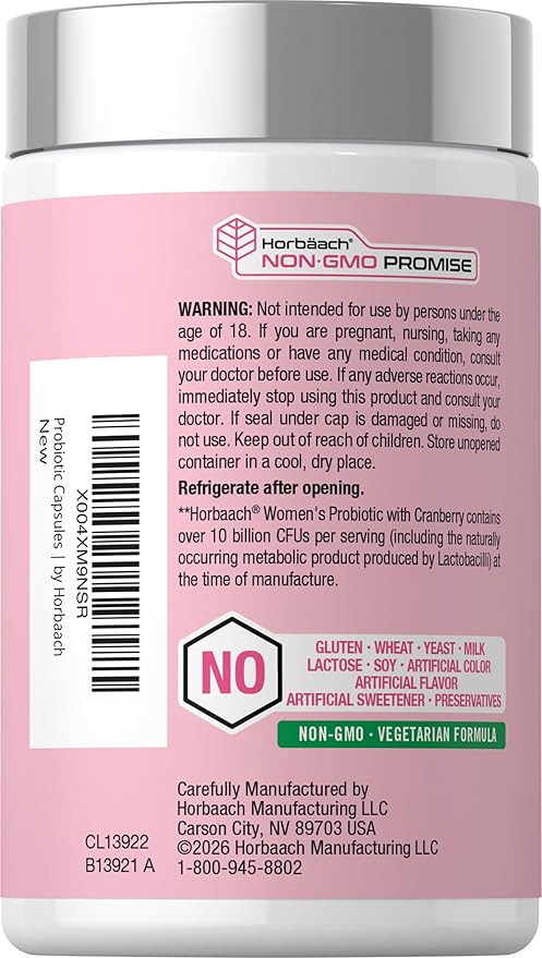 Horbäach Women's Probiotic with Cranberry Supplement | 10 Billion CFU | 14 Probiotic Strains | 90 Capsules | Non GMO, Gluten Free