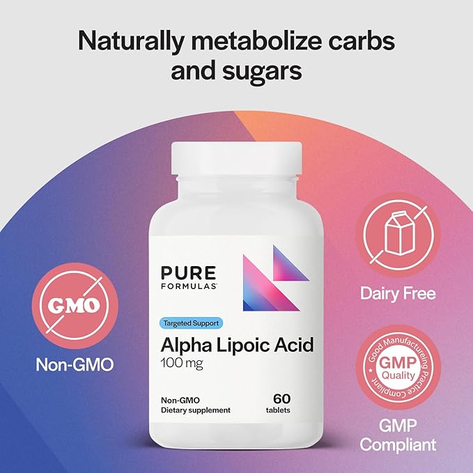 PureFormulas Alpha Lipoic Acid 100 mg ALA Supplement for Liver Support, Antioxidants, Nerve, & Cardiovascular Health Acido Alfa Lipoico 100mg Neuropathy Supplement Non-GMO 60 Tablets