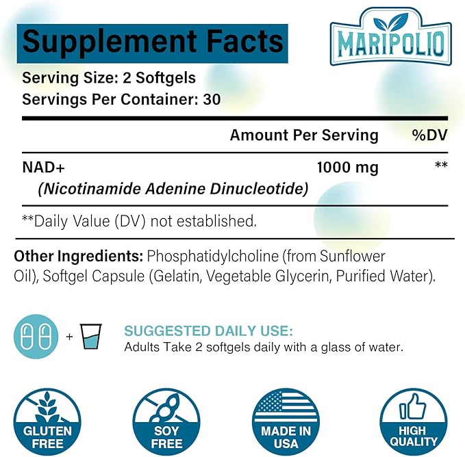 Liposomal NAD+ 1000 mg Supplement | High Bioavailability Liposomal Delivery | Cellular Energy & Wellness Support | Pure NAD+ Dietary Supplement | 180 Softgels
