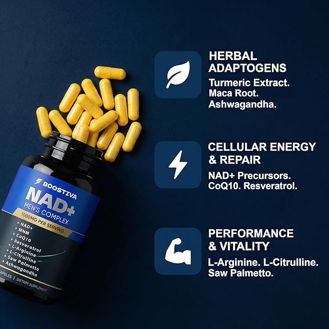 Boostiva NAD+ Supplements for Men, with Resveratrol, CoQ10, L Citrulline and Lycopene, Anti-Aging, Stamina, 60capsules
