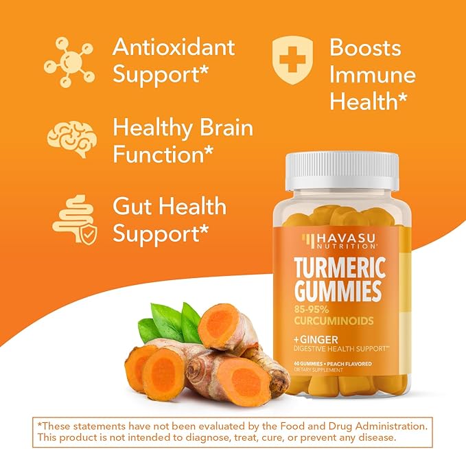 Turmeric Gummies with Ginger Root Extract - Digestive Health and Immune Support Supplement for Overall Wellness - 60 Count - Vegan, Non-GMO Curcumin Vitamin - Peach Flavor, 1 Month Supply