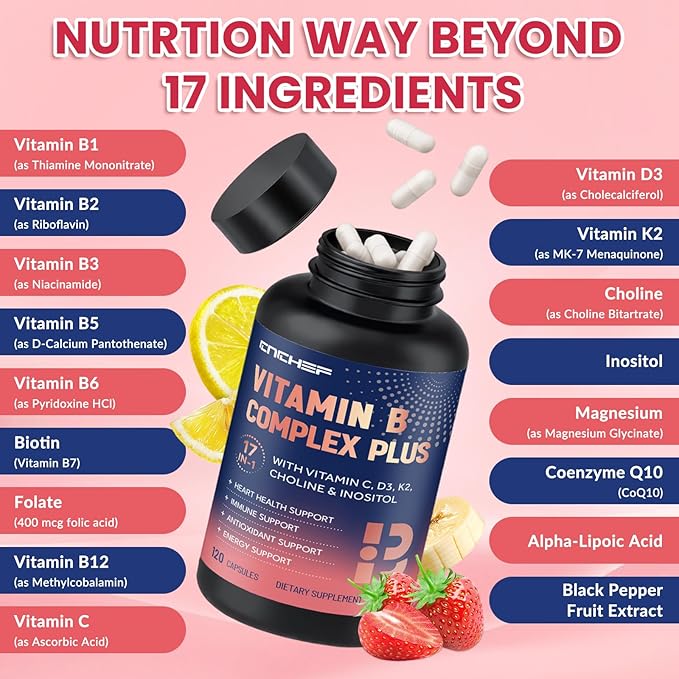 17-in-1 Vitamin B Complex Plus – Vitamin B1, B2, B3, B4, B5, B6, B7 (Biotin), B8 (Inositol), B9, B12, C, D3, K2, Energy, Immune, Skin, Nerve Support for Men & Women - 120 Capsules