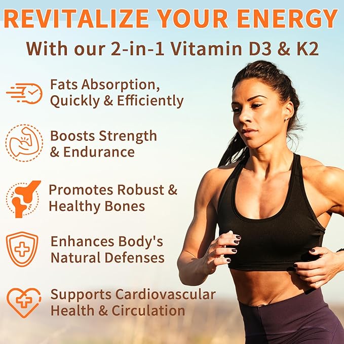 2 Bag Vitamin D3 K2 Supplement Softgel, Vitamin D3 K2 Softgel with 10000 IU Supports Immune, Heart, Teeth & Bone Health, Free of GMO, Gluten, Soy