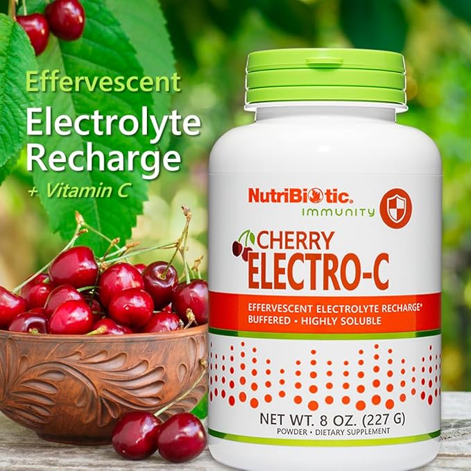 NutriBiotic - Cherry Electro-C Vitamin C & Electrolyte Powder, 8 Oz | 850 Mg Vitamin C Per Serving | Effervescent Electrolyte Recharge | Buffered & Highly Soluble | Non-GMO & Gluten Free