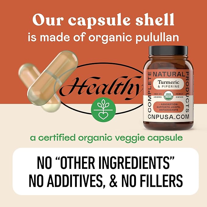 CNP Organic Turmeric with Piperine Capsules 600mg - High Absorption Curcumin with Black Pepper, Plant Based Supplement, Clean Formula No Fillers, 100 Count Glass Bottle, Made in USA, Family Owned