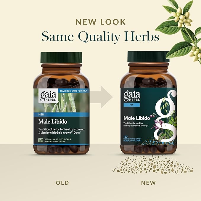 Gaia Herbs Male Libido - Herbal Supplement with Saw Palmetto, Horny Goat Weed & Oats - Traditional Herbs to Support Vitality & Energy Levels for Men - 120 Vegan Liquid Phyto-Capsules (120 Servings)