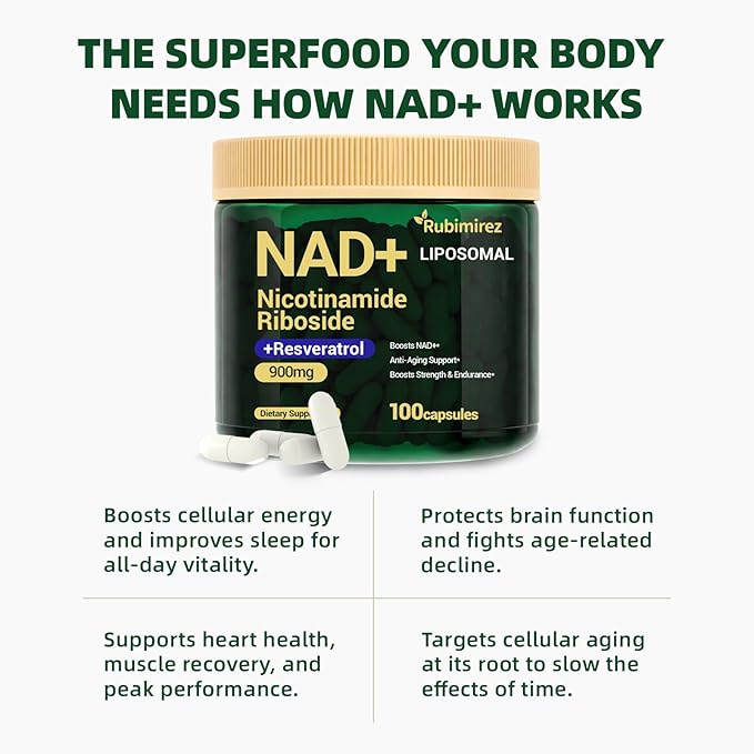 NAD+ Supplement with, Nicotinamide Riboside & Resveratrol 900mg – Anti-Aging Support for Women & Men, NMN Alternative, Vegan Non-GMO - 100 Capsules