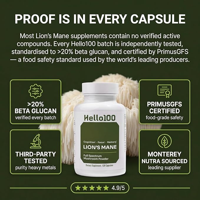 Lion’s Mane Mushroom Supplement 1000mg - Dual Extract for Focus Memory & Mental Clarity - High Potency Nootropic Brain Supplement with 20% Beta-Glucans - Fruiting Body & Mycelium - 60 Caps