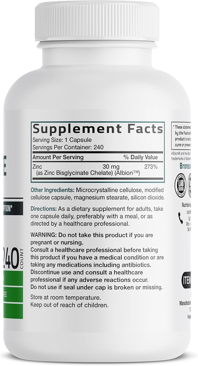Bronson Zinc Glycinate 30mg Chelated Superior Absorption 100% Chelated Formula Non-GMO, 240 Vegetarian Capsules