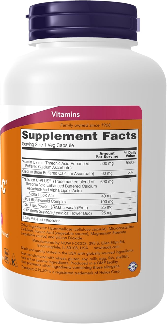NOW Foods Supplements, AlphaSorb-C™ 500 mg with Threonic Acid & Alpha Lipoic Acid Enhanced, 180 Veg Capsules