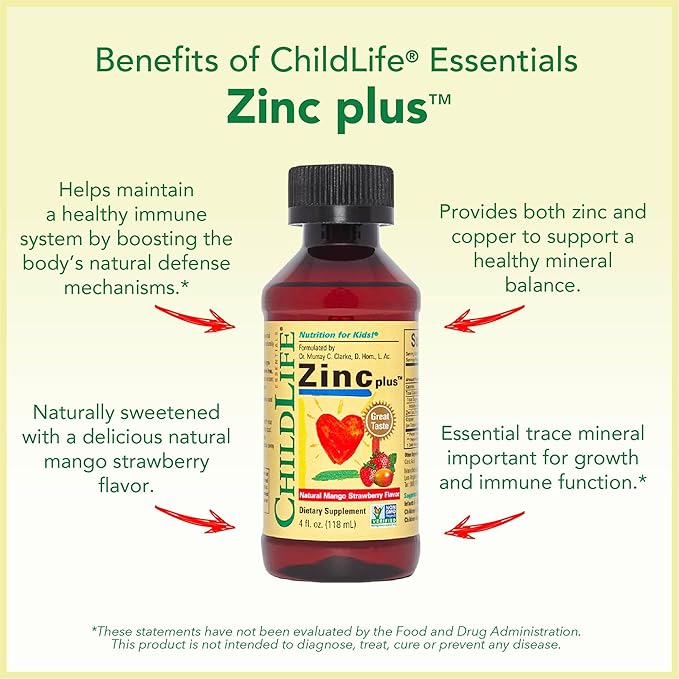 CHILDLIFE ESSENTIALS Liquid Zinc Plus for Kids & Toddler - Liquid Supplement Drops, Zinc Gluconate & Copper for Immune Support - Mango Strawberry, 4 Fl Oz (Pack of 3)