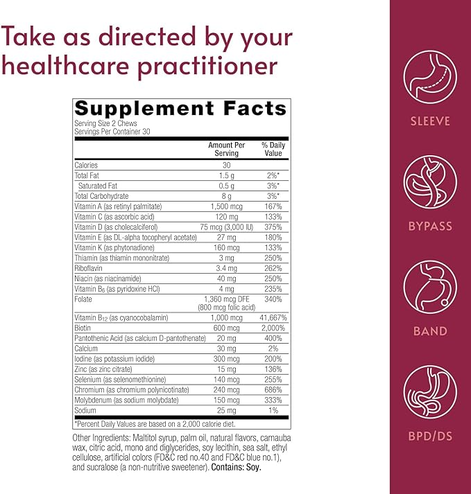 Bariatric Advantage Multi Chewy Bite - Soft Chew Multivitamin for Bariatric Surgery Patients - Chewable Multivitamin with Folic Acid, Vitamin D3 & More - Black Grape Flavor - 60 Count