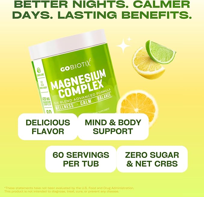 GoBiotix Magnesium Glycinate Powder – Cortisol Supplements for Women and Men – High Absorption Magnesium Complex Calm Supplement with Citrate, Malate – Sugar Free – 420 mg, 60 Servings - Lemon Lime
