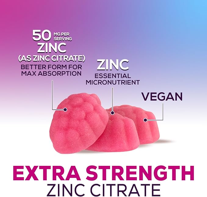 Zinc Gummies 50mg per Serving - Extra Strength Immune Support Antioxidant Gummy, Non-GMO & Gluten Free - Best Zinc Supplement for Skin Bone & Heart Health - Chewable Tasty Berry Flavor - 120 Gummies