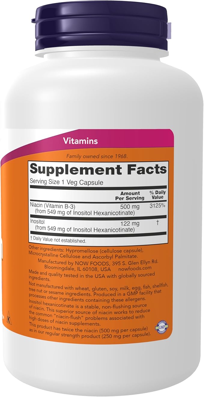 NOW Foods Supplements, Niacin (Vitamin B-3) 500 mg, Flush-Free, Double Strength, Nutritional Health, 180 Veg Capsules