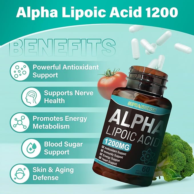 Alpha Lipoic Acid 1000mg 6-in-1 Nerve Support Supplement with Benfotiamine, B1, B12, Grape Seed & Ubiquinol Non-GMO - 60 Capsules, 30-Day Supply
