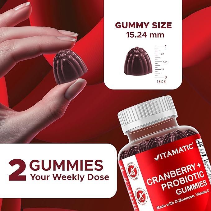Vitamatic Cranberry Gummies with D-Mannose, Probiotics, Vitamin C – Plant-Based Botanical Extract – Vegan, Non-GMO – 60 Count