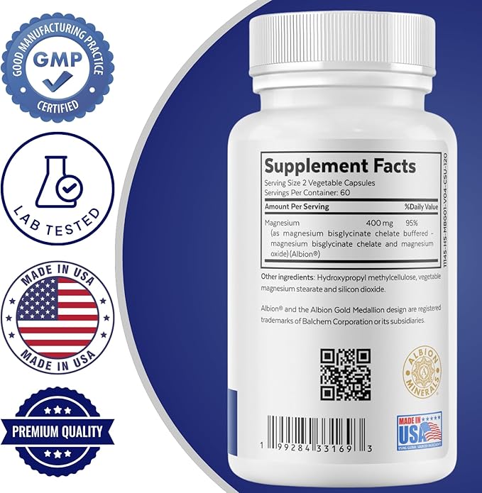 Magnesium Bisglycinate Complex 400mg – Albion TRAACS Chelated Magnesium for Maximum Absorption – Gentle on Stomach, Highly Bioavailable Magnesium Supplement – 120 Capsules