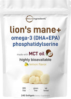 Micro Ingredients Lions Mane+ with Omega-3 EPA DHA & Phosphatidylserine – 240 Softgels with MCT Oil for Better Absorption – Fruiting Body & Mycelium Superfood Mushroom Extract – Lemon Flavored