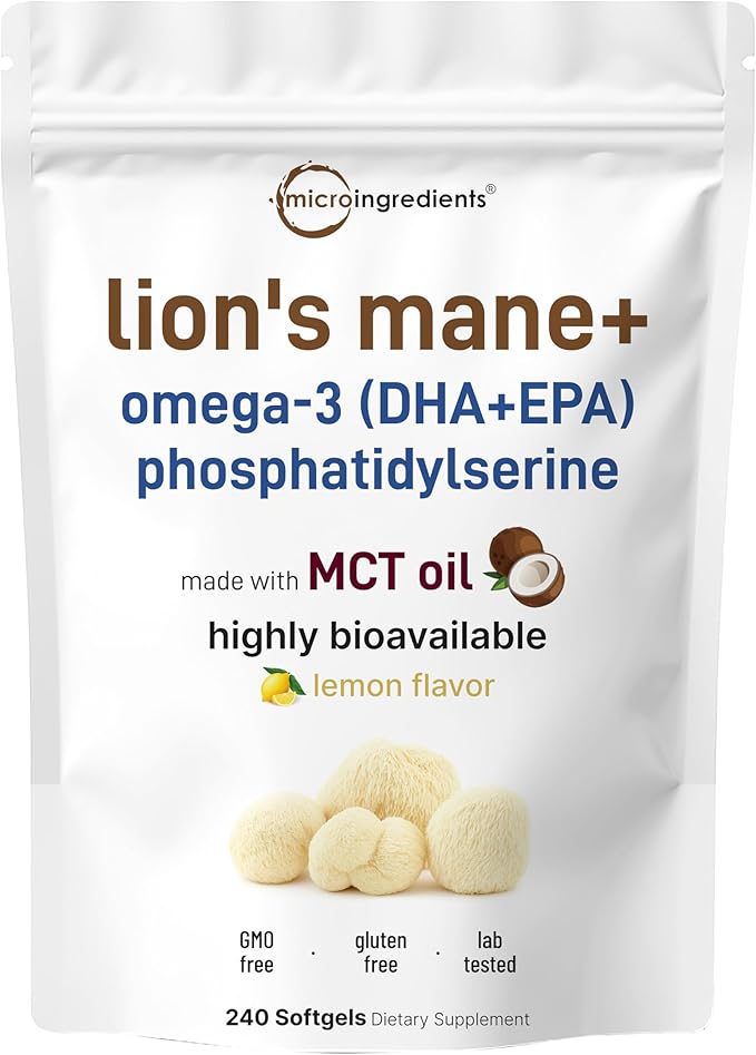 Micro Ingredients Lions Mane+ with Omega-3 EPA DHA & Phosphatidylserine – 240 Softgels with MCT Oil for Better Absorption – Fruiting Body & Mycelium Superfood Mushroom Extract – Lemon Flavored