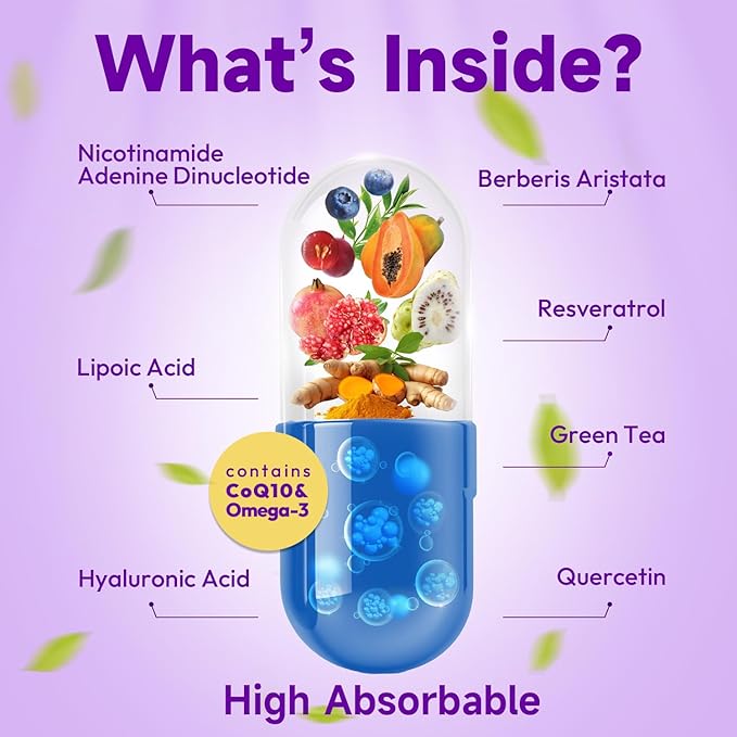 NAD Supplement, Liposomal NAD Resveratrol Supplement Contains Berberine, Alpha Lipoic Acid,Hyaluronic Acid & Quercetin - Support Anti-Aging, Longevity, Cellular Energy, NMN Alternative -120 Capsules