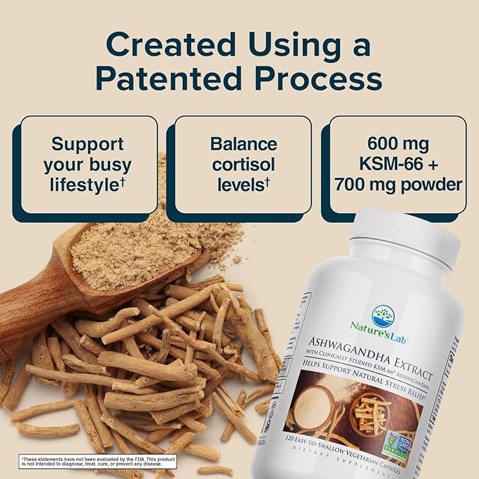 Nature's Lab Extra Strength Ashwagandha KSM 66 Extract - 5% Withanolides, Pure Organic Ashwagandha Root Powder - Supports Stress Relief, Focus and Strength Support* - 120 Ct (60 Day Supply)