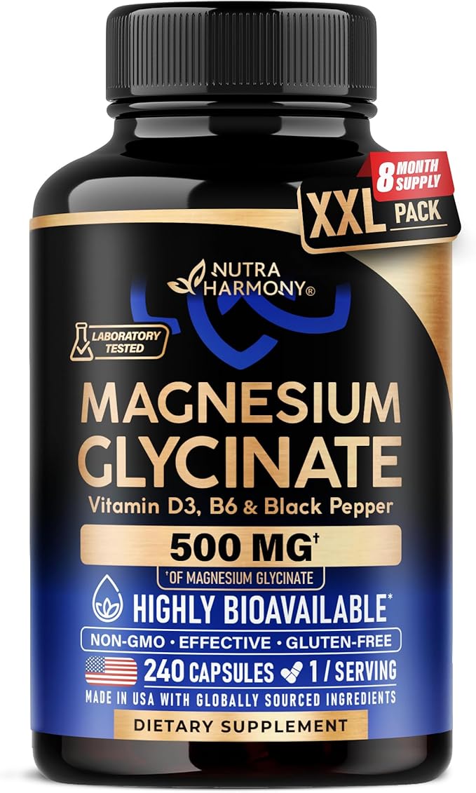 Magnesium Glycinate 500 mg - Chelated Supplement - High Absorption Form of Magnesium - Support for Sleep, Muscle & Heart Health - Made in USA, Lab Tested & Non-GMO - 240 Capsules