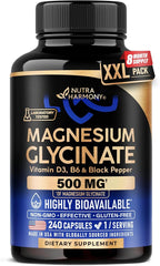 Magnesium Glycinate 500 mg - Chelated Supplement - High Absorption Form of Magnesium - Support for Sleep, Muscle & Heart Health - Made in USA, Lab Tested & Non-GMO - 240 Capsules